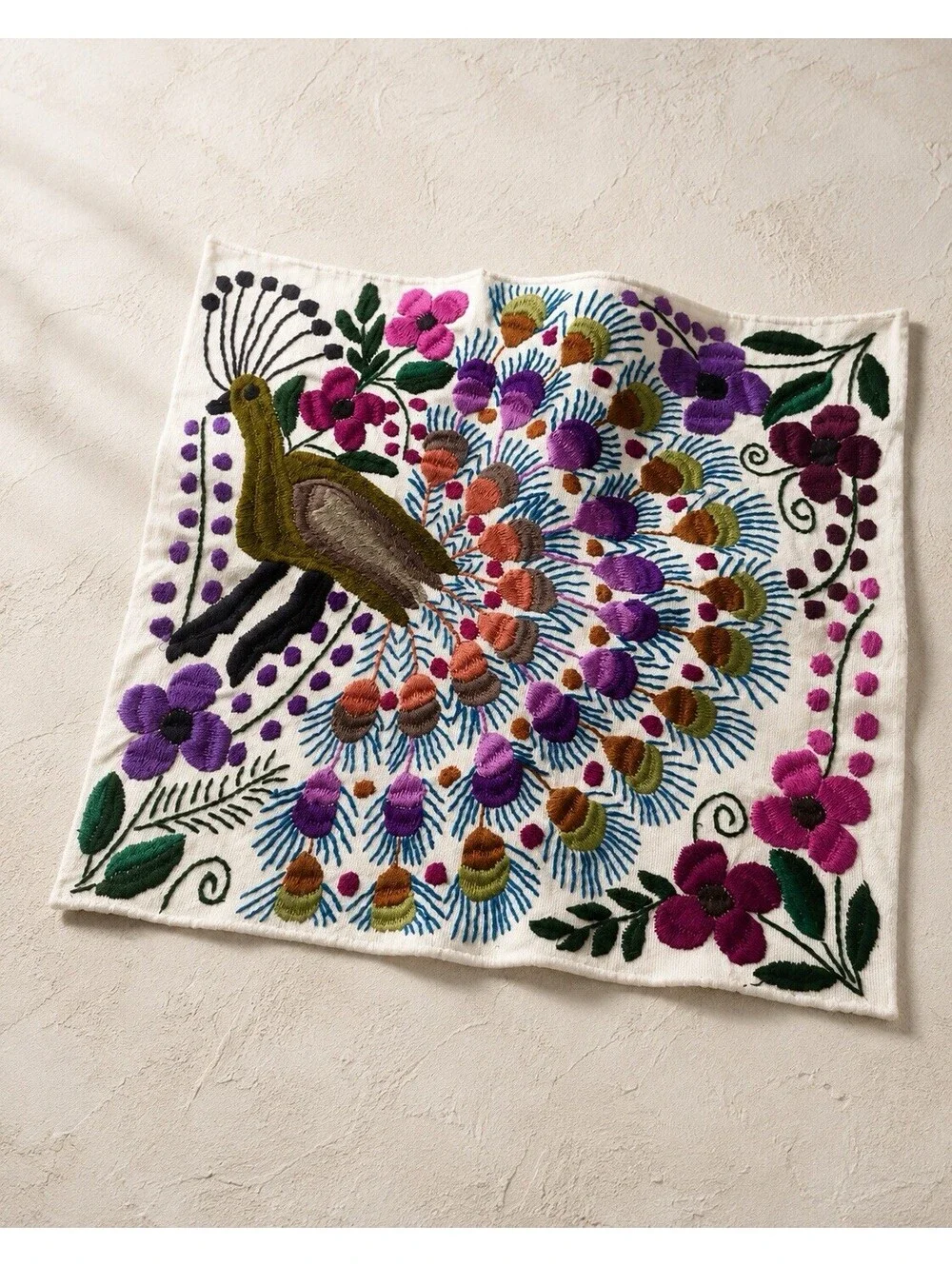 Handmade Embroidered Peacock Pillow Cover